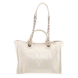 CHANEL Deauville Shopping Bag Tote White Boucle Silver Hardware